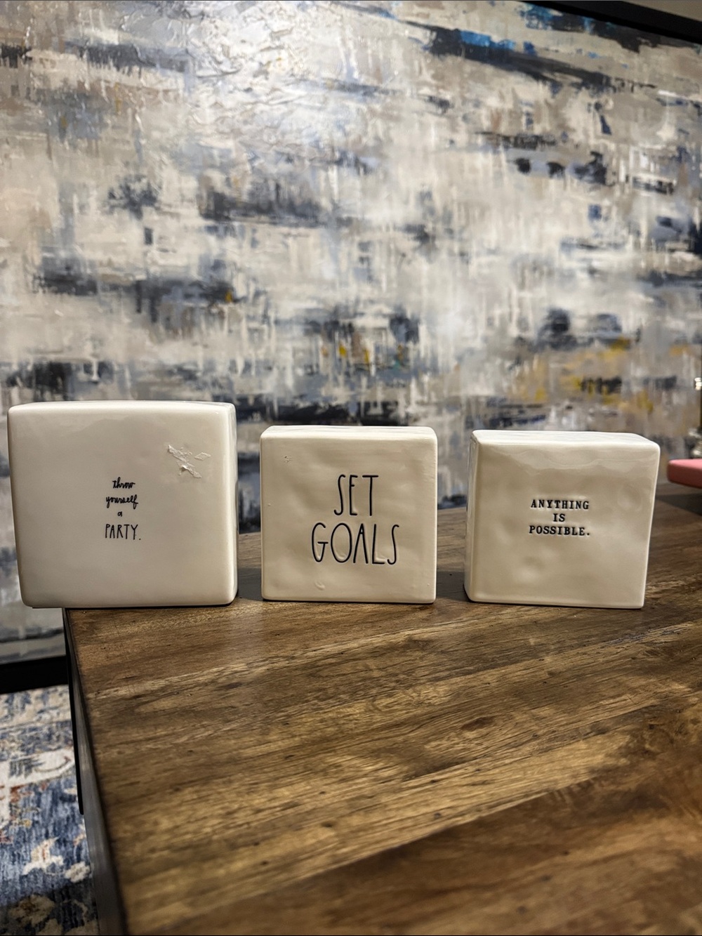 RAE DUNN CERAMIC BUNDLE OF 3 decor/signs/paperweight/blocks double sided
